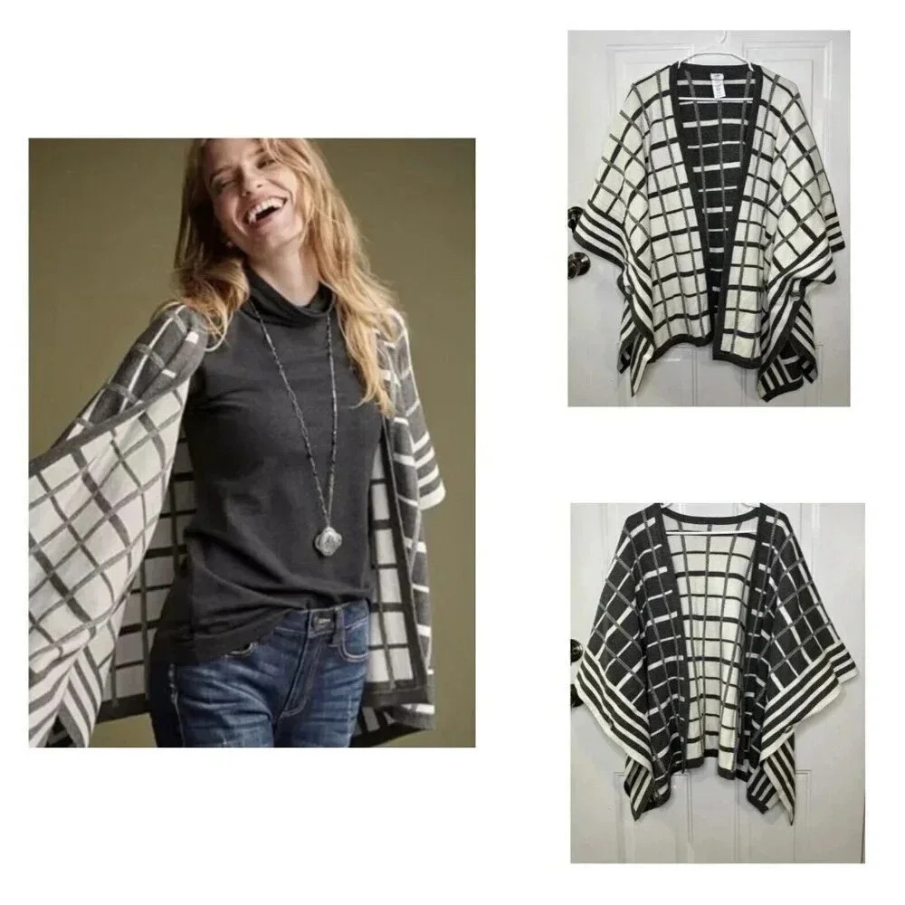 CABI Gray Cream Windowpane Plaid Reversible Tower Wrap Poncho Cardigan M/L Soft